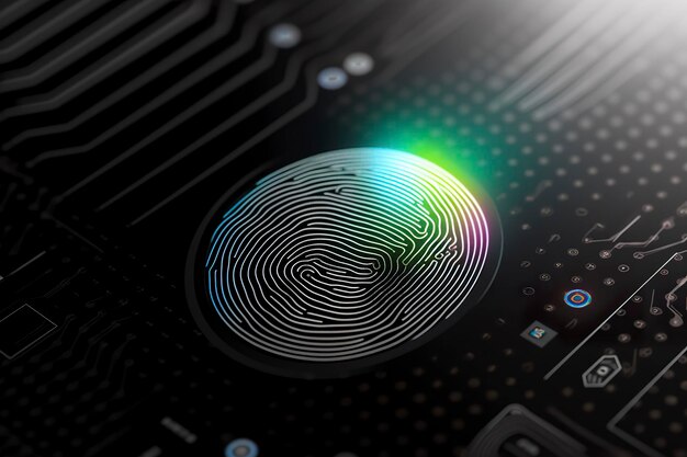 Фото Кнопка аутентификации по отпечатку пальца биометрическая безопасность идентификация и концепция кибербезопасности светящийся неоновый отпечаток пальца на темном фоне генеративный ai