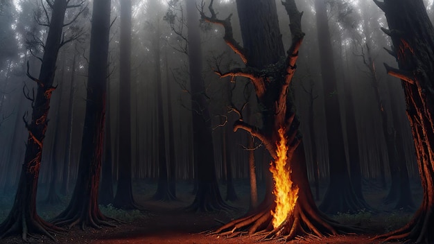 A fire in a dark forest with a tree in the foreground