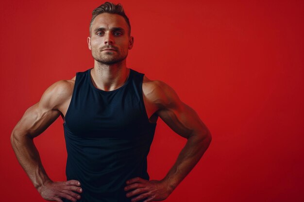 Фото Фитнес-человек тренируется в тренажерном зале в одежде с сильными мышцами и руками на талии