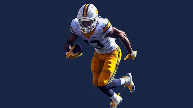 Photo a football player in a white and yellow uniform is running with the ball he is looking downfield and has a determined expression on his face