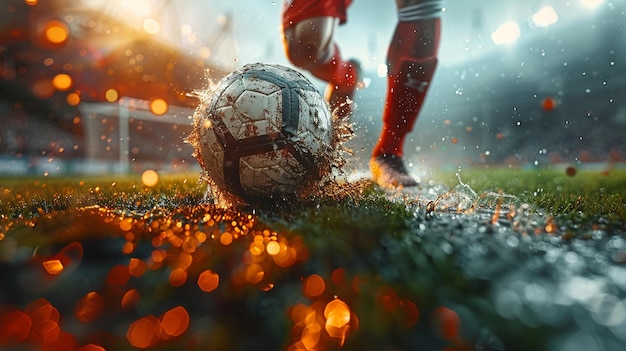 Фото Футболист пинает футбольный мяч.