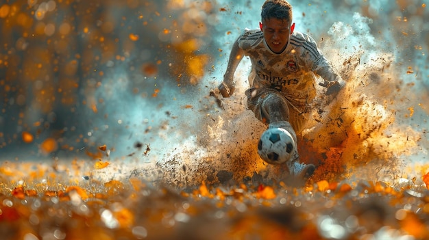 Foto un giocatore di calcio sta calciando una palla da calcio