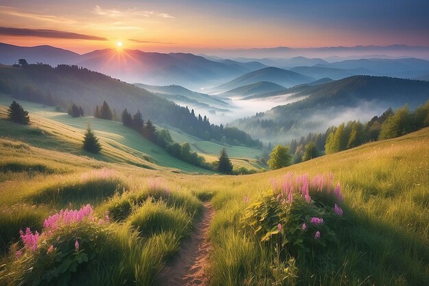 Фото Туманный летний восход солнца в карпатах красочная утренняя сцена в горной долине красота природы концепция фона художественный стиль