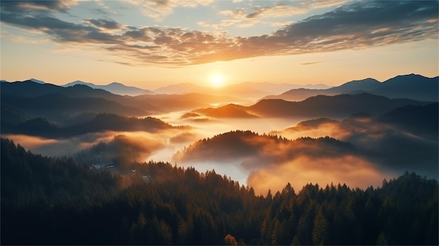 Фото Туманный рассвет в горах панорамный вид