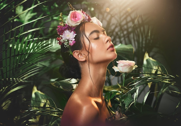 Photo flower crown and woman in studio for skincare beauty and relax zen and cosmetics in jungle skin rose and mexican girl model pamper treatment and organic natural and product in nature aesthetic