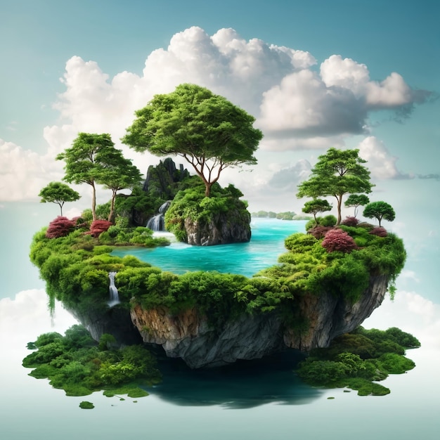 Фото Плавающий лесной остров, изолированный облаками остров фантазий с зеленью и рекой с водопадами