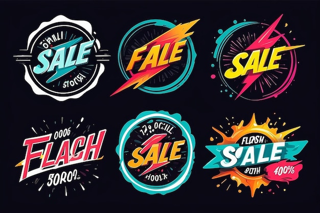 Photo flash sale promotional labels templates set special offer with thunder sign and hand lettering