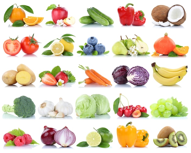 Photo fruits and vegetables collection isolated apple oranges onions tomatoes lettuce berries fruit