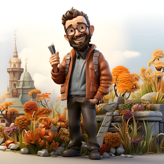 Photo funny cartoon man in the garden with flowers 3d render