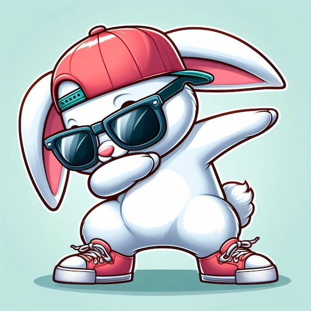 Foto un coniglio divertente che indossa abiti colorati e occhiali da sole che danza sullo sfondo pastello