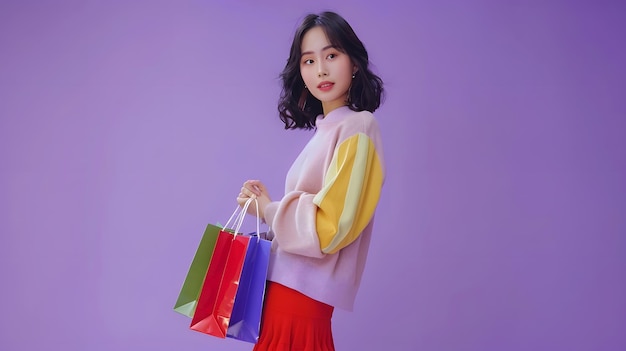 Фото Полный портрет красивой азиатской женщины, несущей красочные сумки для покупок в фиолетовом ц. генеративный ии