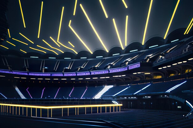 Футуристический стадион с современным дизайном с неоновыми огнями ночью Генеративный ИИ