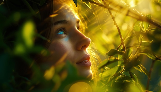 Photo a girl in the forest with the sun shining through her eyes