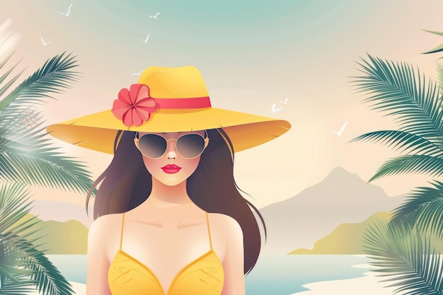 사진 해변에서 휴식을 취하는 소녀 여름 휴가 빈티지 포스터 플라이어 디자인 템플릿 파티 초대