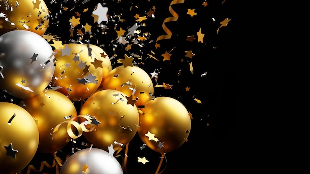 Photo gold and silver balloon with foil confetti falling on black background 3d render