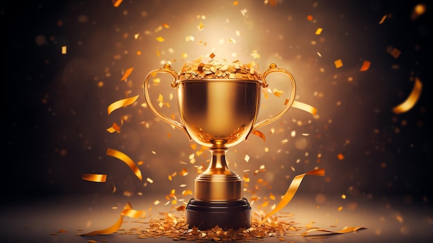 Photo golden trophy cup against dark background with fire