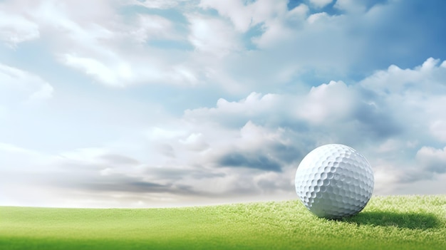 Photo golf ball on the grass with a cloudy sky in the background