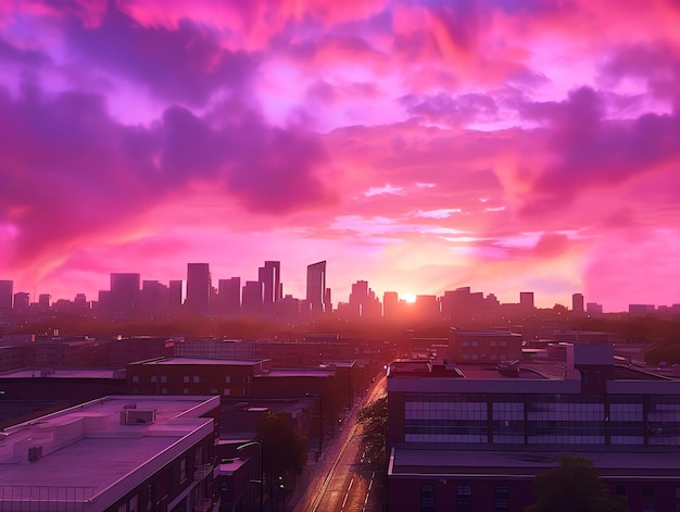 A Glowing Urban Skyline at Sunset