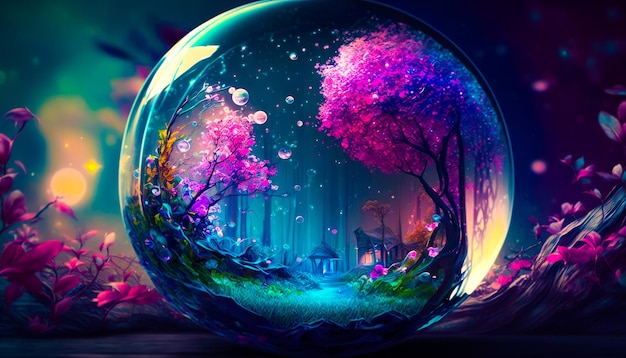 Фото Стеклянный шар с деревьями внутри генеративный ии