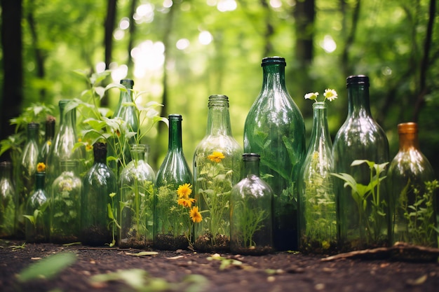 Photo glass bottles with flowers in the forest concept of environmental protection