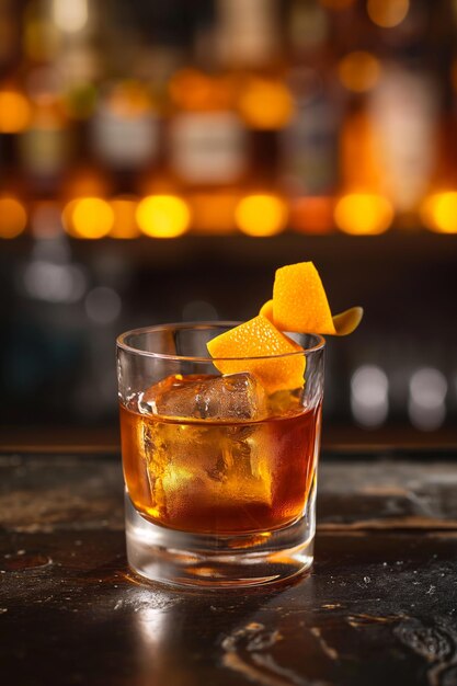 A glass of a Bourbon Old Fashioned cocktail against the cozy backdrop of a bar