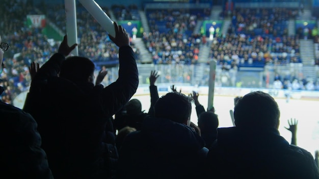 Группа молодых людей наблюдает за овацией хоккейного матча