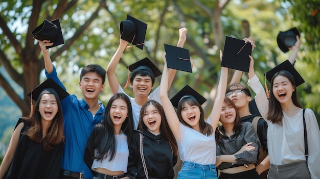 Фото Группа веселых студентов бросает выпускные шляпы в воздух, празднуя