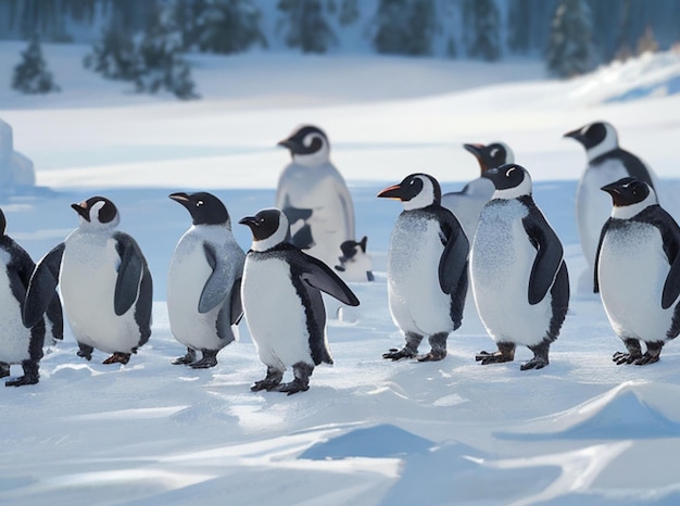 Группа пингвинов, стоящих в снегу.