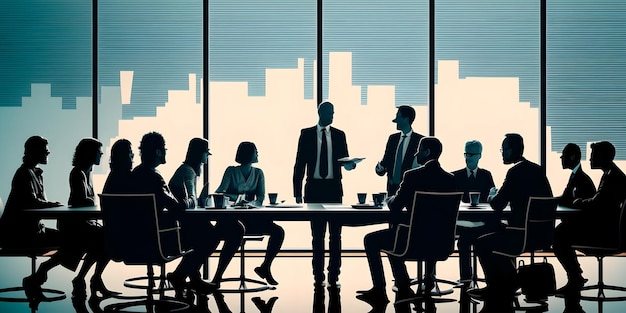 Photo a group of people in a meeting room with a cityscape in the background