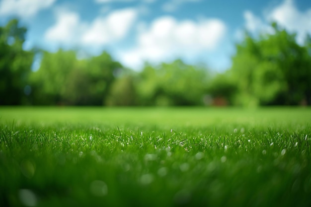 Photo green grass with blue sky and white clouds shallow depth of field
