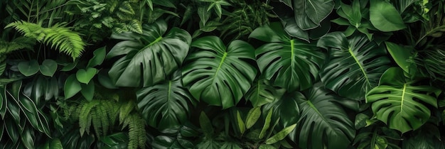 Фото Зеленые листья группа фона темно-зеленых тропических листьев монстера пальма кокосовый лист папоротник пальма лист банановый лист панорама фона концепция природы генеративная ай