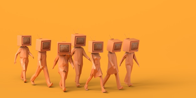 Группа людей, идущих со старым телевизором вместо головы 3D иллюстрации Копирование пространства