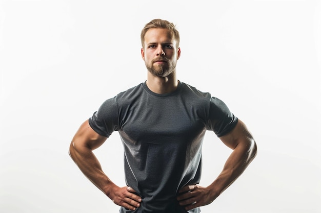 Фото Спортивная одежда сильная мышечная фитнес-человек тренировка в спортзале с руками на талии
