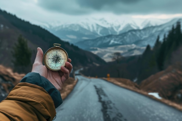 Фото Человек с рукой, держащий компас, навигатор на дороге концепция путешествия