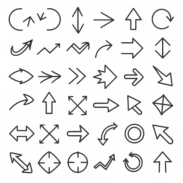 Foto collezione di frecce disegnate a mano impostare semplici frecce piatte isolate su sfondo bianco icone di marcatura delle frecce