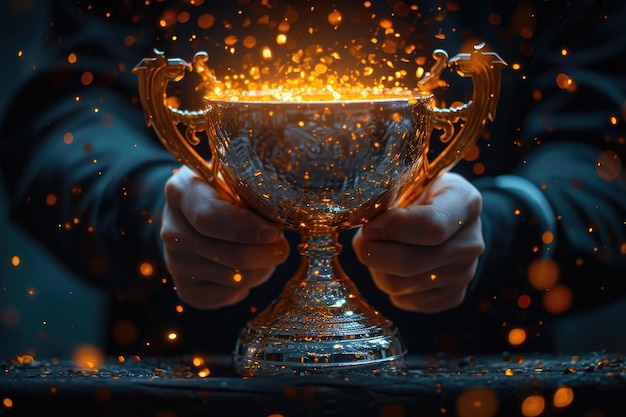 Фото Руки, держащие игровой трофей, светящийся оранжевым неоновым цветом и искрами кубок огня приз победителей виртуальных киберспортивных соревнований