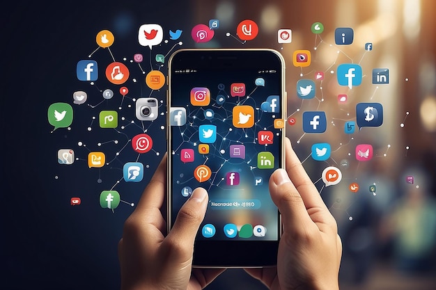 Руки, держащие смартфон с иконами уведомлений социальных сетей или социальных сетей