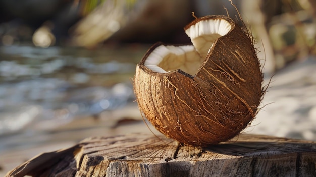 A halfeaten coconut left on a tree stump Suitable for tropical themes