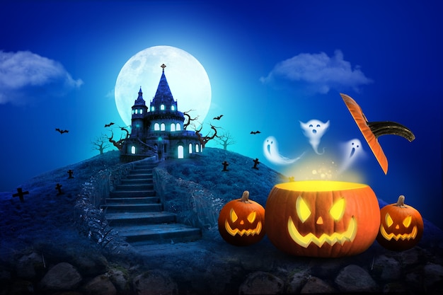 Замок Хэллоуина и баннер или плакат в полнолуние синий тон