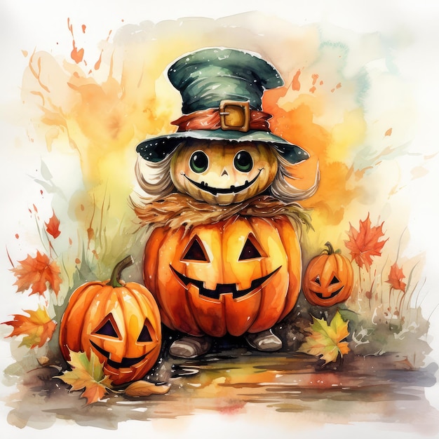 Halloween watercolor friendly pumpkins smile and colorful autumn leaves in white background