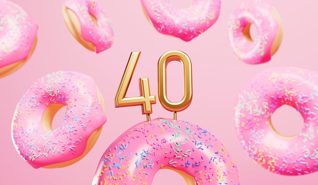 С 40-летием празднования фона с розовыми матовыми пончиками 3D рендеринг