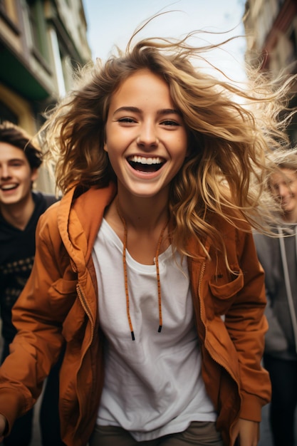 Фото Счастливый студент-подросток 18 лет танцует на тиктоке с друзьями