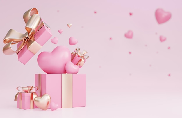 С днем святого валентина баннер с 3d сердцами, подарочной коробкой и романтическими украшениями на розовом фоне., 3d модель и иллюстрация.