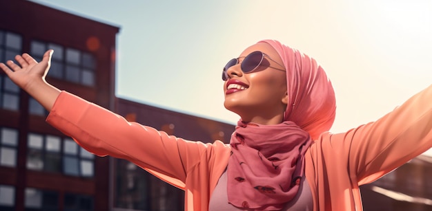 Photo happy beautiful muslim woman in a hijab standing in a city street background celebrating