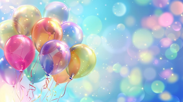 Фото Счастливого дня рождения на заднем плане с реалистичными красочными воздушными шарами дизайн для открытки с поздравлениями