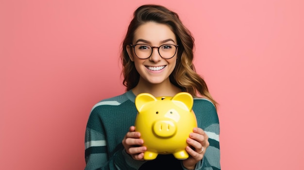 Счастливая белая женщина в очках в синем джемпере держит желтую свинью на розовом фоне, созданную с помощью технологии генеративного искусственного интеллекта.