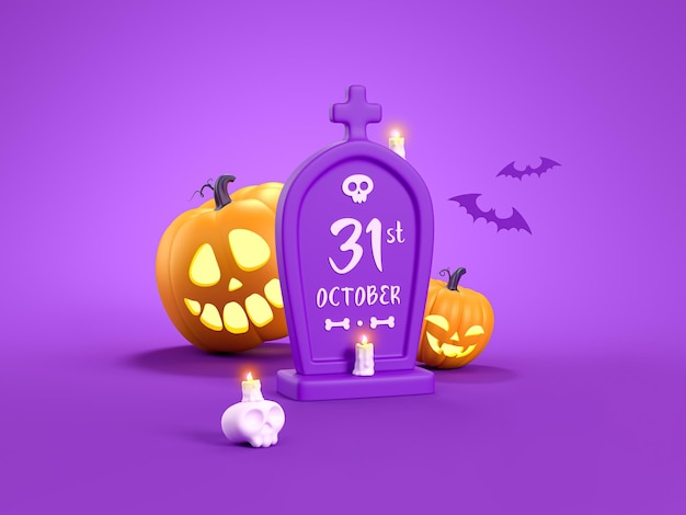 Счастливого Хэллоуина с персонажем тыквы на фиолетовом фоне с могильными черепами свечей летучей мыши
