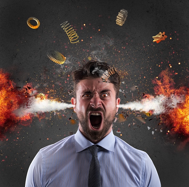 Photo head explosion of a businessman. concept of stress due to overwork