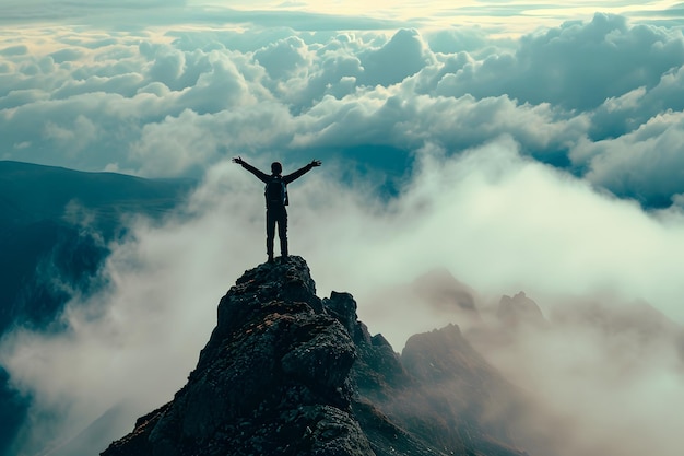 Фото Турист с поднятыми руками, стоящий на вершине горы, успешный человек, спорт и концепция успеха.