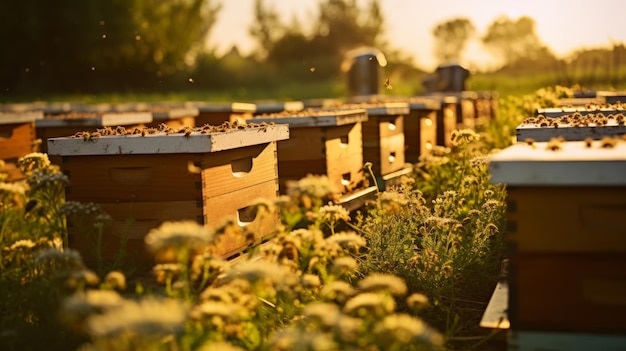 Фото Улья в пчелнице с пчелами, летящими к посадочным доскам пчеловодство нейронная сеть, сгенерированная ии